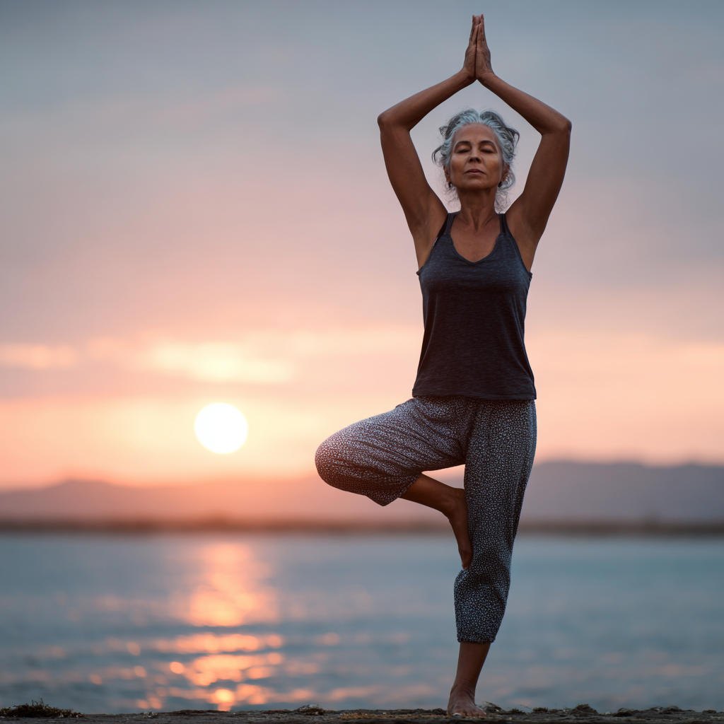 Жена на 55 години практикува йога поза дърво на плажа при залез слънце, демонстрирайки баланс и спокойствие