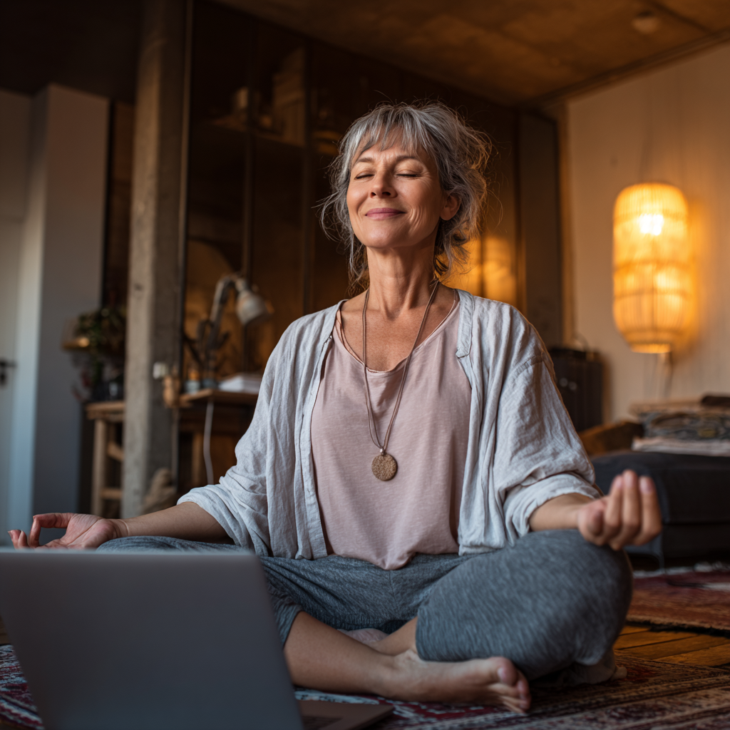 Спокойна жена на 58 години медитира на брега на морето при изгрев, демонстрирайки вътрешен мир и хармония с природата